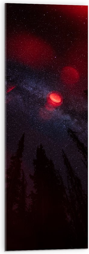WallClassics - Acrylglas - Rood Licht met Sterrenhemel boven Donkere Hoge Bomen - 30x90 cm Foto op Acrylglas (Met Ophangsysteem)