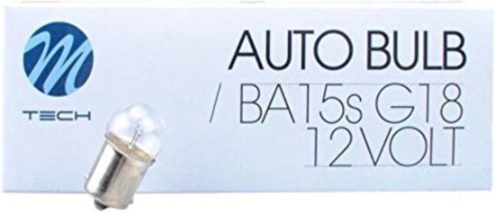 Wit doosje met M-Tech logo en een klein zilverkleurig auto lampje. Tekst: "AUTO BULB BA15s G18 12 VOLT".