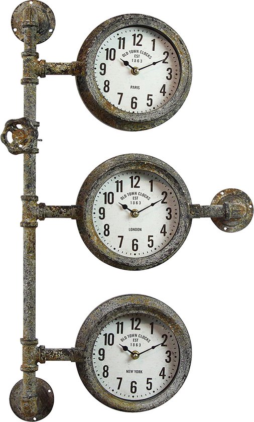 HAES DECO - Wandklok Industrieel met 3 klokjes - Metalen Industriele Vintage Muurklok Hangklok Keukenklok - formaat 69x41x16 cm