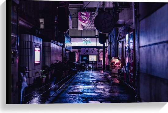 Canvas - Regenachtig Pad in de Nacht in de Stad - 60x40 cm Foto op Canvas Schilderij (Wanddecoratie op Canvas)