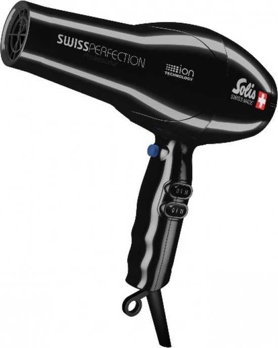 Zwarte Solis föhn met de opdruk 'Swiss Perfection'.