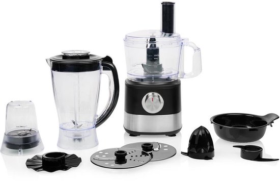 Set van Princess keukenmachine accessoires: blenderkan, hakker, pers, snijschijven.