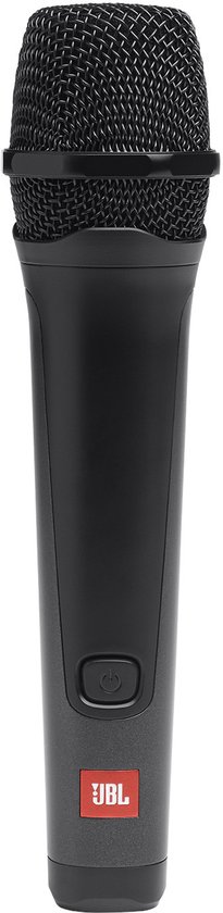 Microphone JBL noir avec bouton marche/arrêt et logo JBL rouge