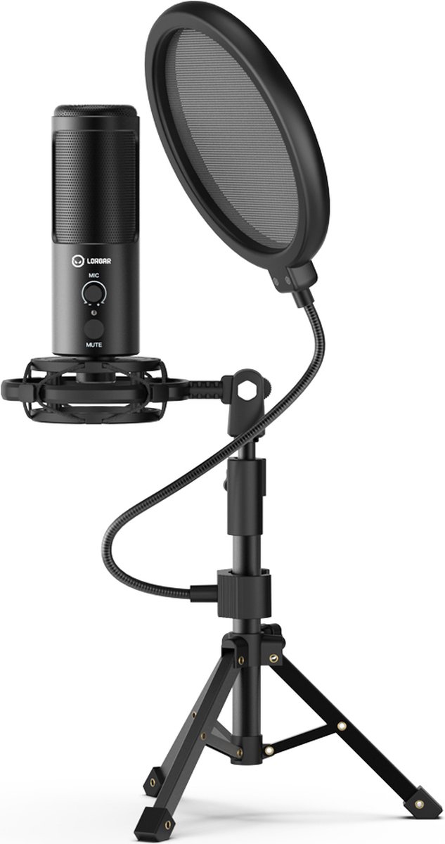 Lorgar Voicer 721 - Gaming en streaming microfoon - Statief met shockmount - Pop filter - Windscherm - Koptelefoon aansluiting - Mute knop - Zwart