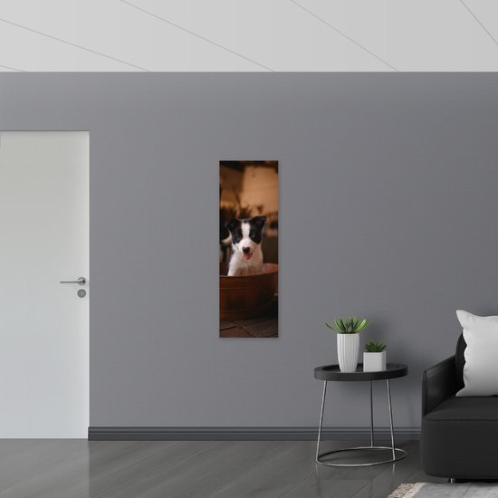 Acrylglas - Zwart met Witte Puppy in Teiltje - 40x120 cm Foto op Acrylglas (Met Ophangsysteem)