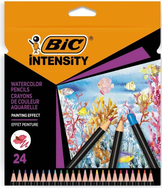 Verpakking van 24 BIC Intensity aquarelpotloden met een afbeelding van onderwaterleven.