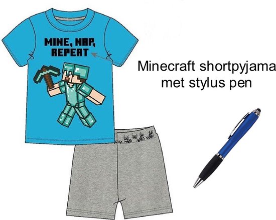 Minecraft Short Pyjama - Shortama - 100% Katoen. Maat 116 cm / 6 jaar - met 1 Stylus Pen.