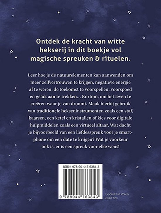 Achterkant boek met tekst over het ontdekken van de kracht van witte hekserij, spreuken en rituelen. ISBN en barcode.