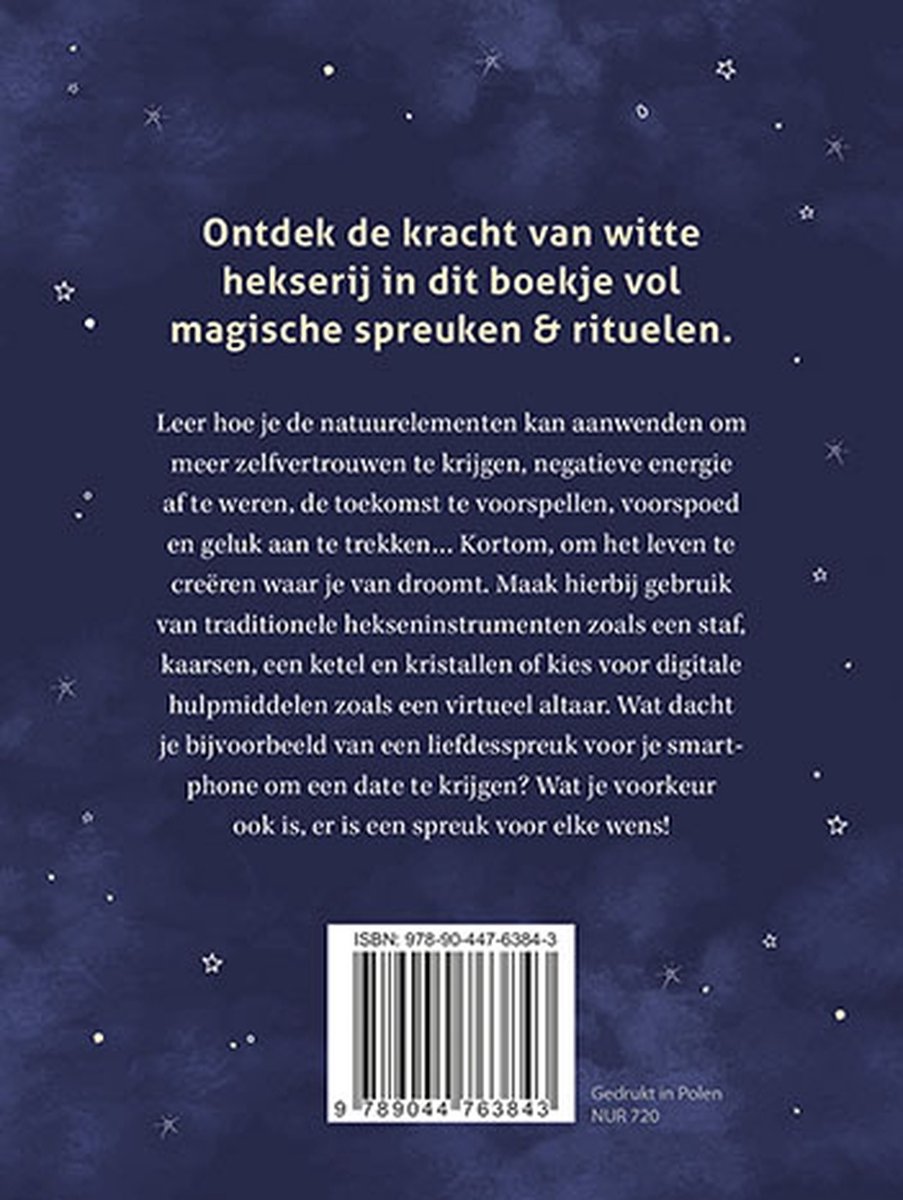 Achterkant boek met tekst over het ontdekken van de kracht van witte hekserij, spreuken en rituelen. ISBN en barcode.