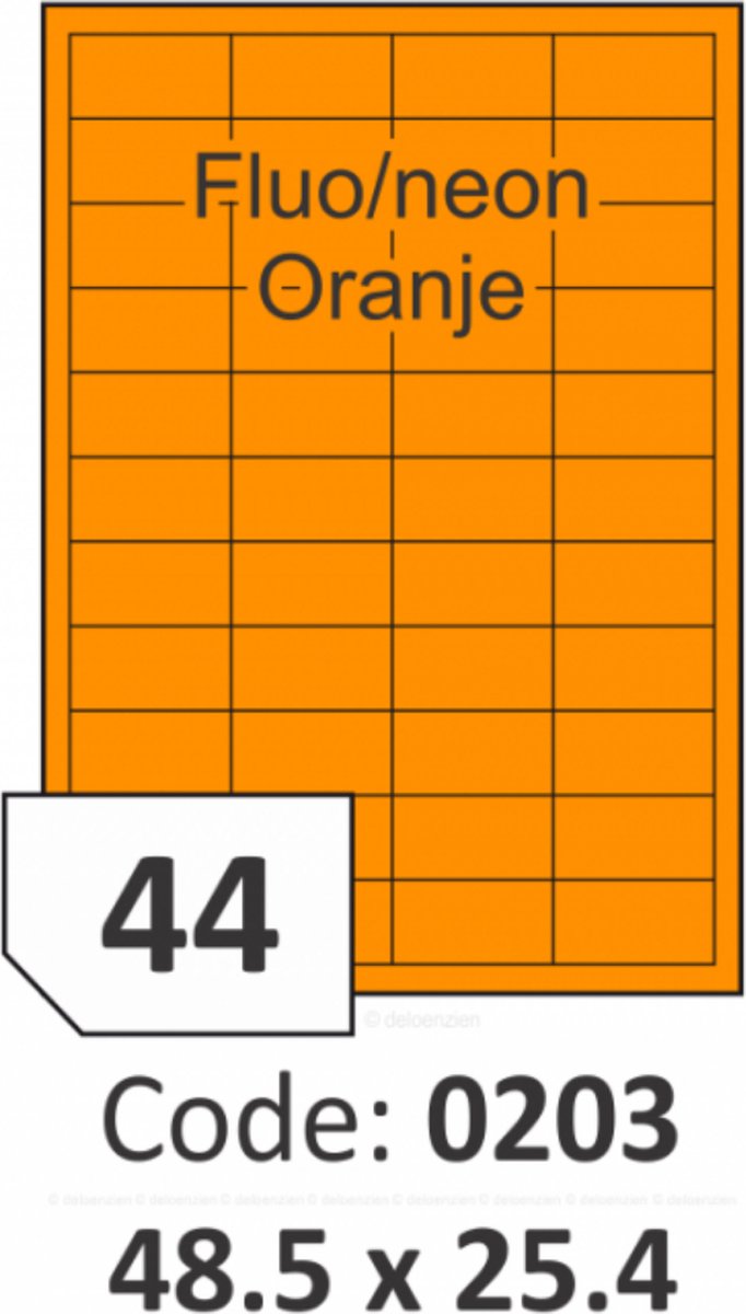 R0133.0203.A Rayfilm NEON ORANJE zelfklevende etiketten 48.5x25.4 mm - 44 per blad - 4400 etiketten per doos van 100 vel