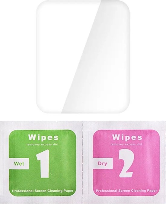 Een gehard glazen screenprotector met twee schoonmaakdoekjes, genummerd 1 en 2.