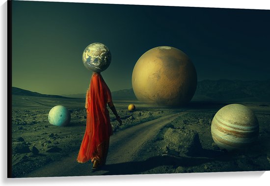 Canvas - Vrouw met Aarde op Hoofd Lopend langs andere Planeten - 120x80 cm Foto op Canvas Schilderij (Wanddecoratie op Canvas)