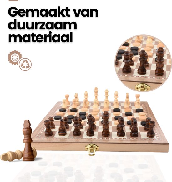Thumbnail van een extra afbeelding van het spel No Peak 3 in 1 schaakbord - Schaakspel - Dammen - Backgammon - 3 in 1 schaakset - schaakbord met schaakstukken - Inclusief E-Book