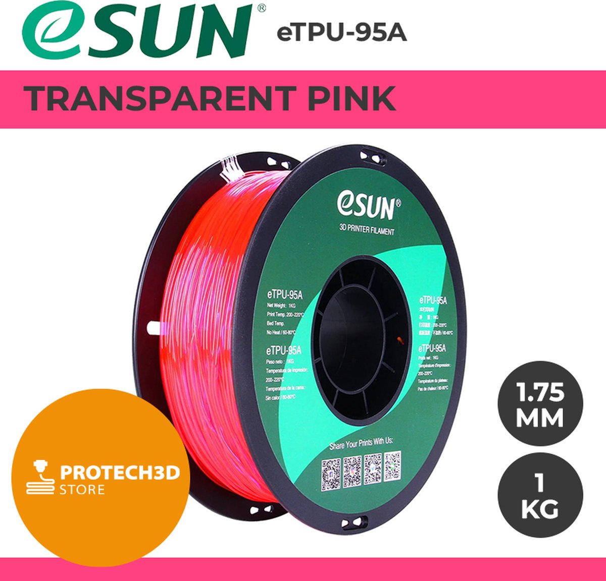 eSun - eTPU-95A Filament, 1.75mm, Transparent Roze - 1kg