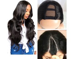 Frazimashop- Pruiken dames - echt haar -V part Wig_100% Human Hair_ Braziliaanse Body Wave, 22 inch golf Halve pruik