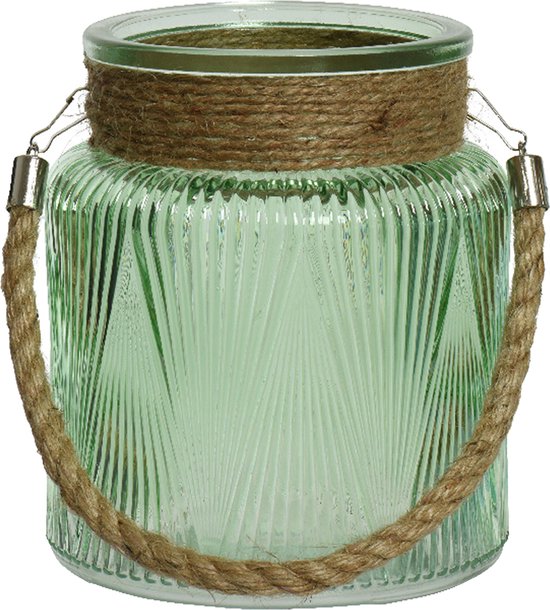Lumineo windlicht/lantaarn met relief - glas - D14 x H16 cm - groen
