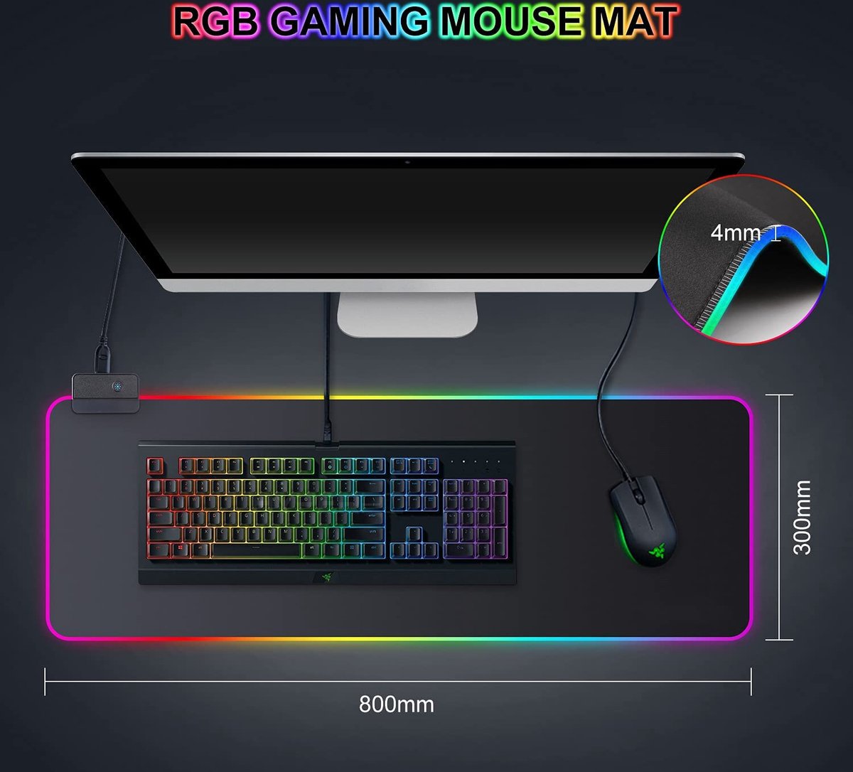 Tapis de Souris Gaming RGB XXL 800 x 300 mm, 14 Effets LED, Anti-Dérapant