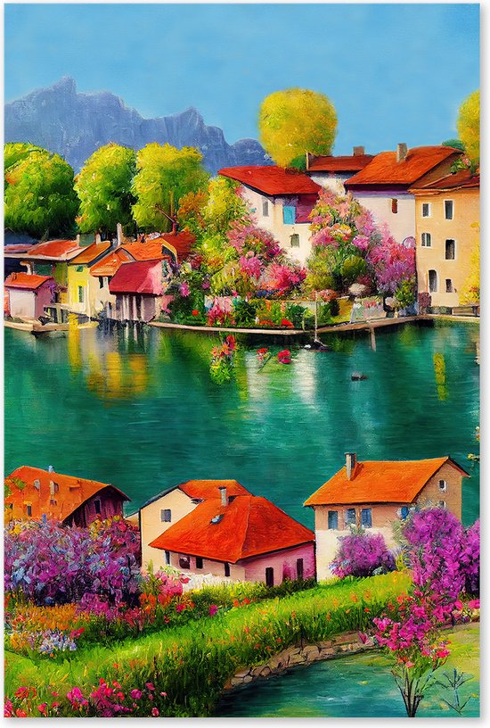 Graphic Message - Peinture sur Toile - Village sur l'eau - Italie - Alpes