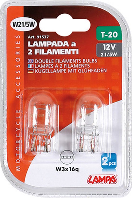 2 ampoules W21/5W T20 W3x16q 12V 21/5W