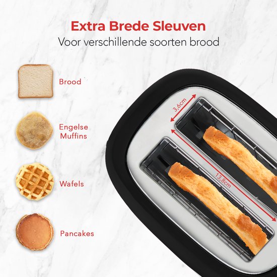 KitchenBrothers Retro Broodrooster - PFAS en BPA Vrij - Toaster - 6 Warmteniveaus - 2 Extra Brede Sleuven - 815W - Zwart