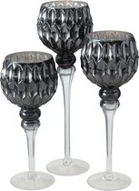 Luxe glazen design kaarsenhouders/windlichten set van 3x stuks antraciet/zilver transparant met formaat tussen de 30 en 40 cm