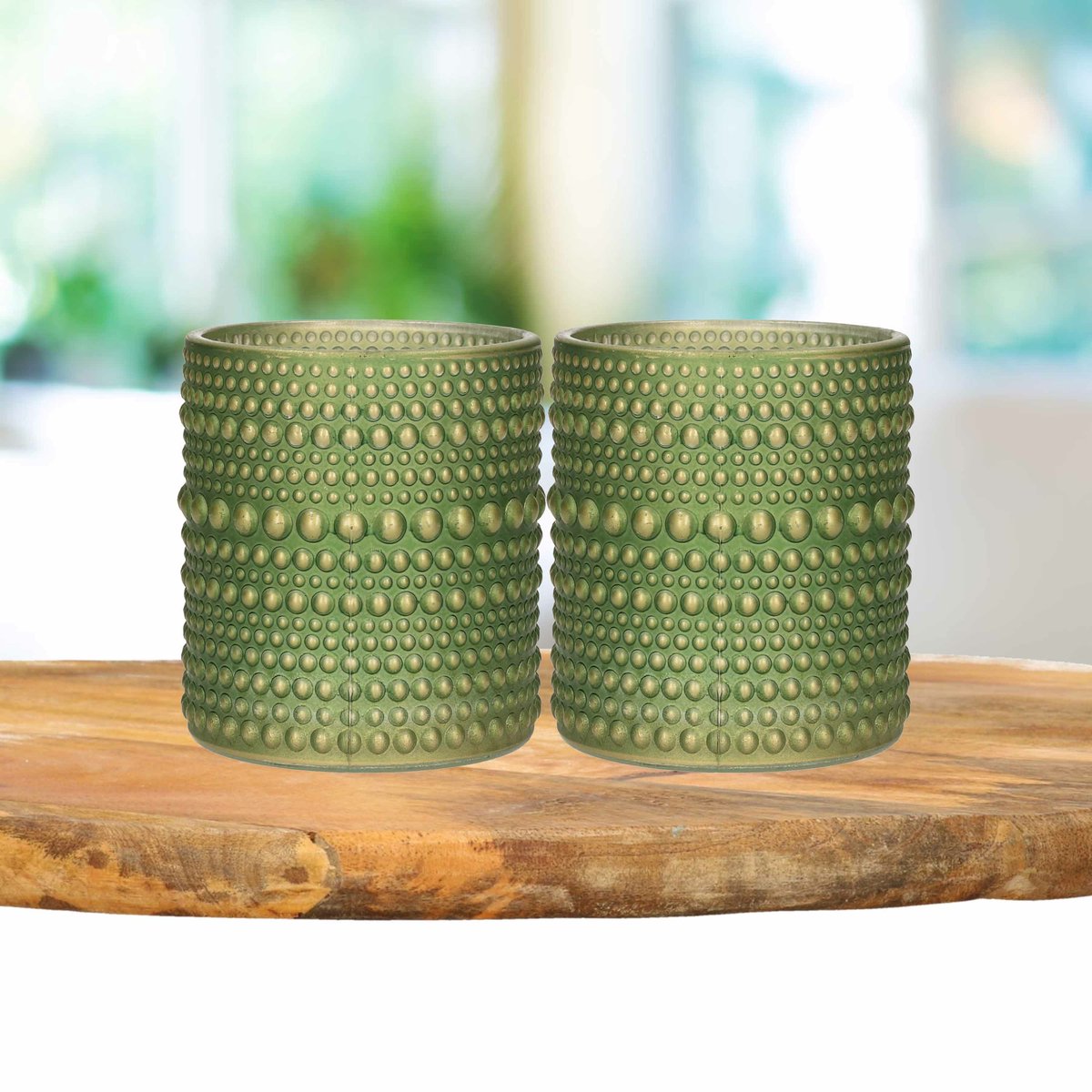 Countryfield Luxe theelichthouder - 2x stuks - Aurora - glas - olijfgroen/goud - D7 x H8 cm Olijf groen