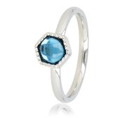 My Bendel - Zilveren ring met blauwe glassteen - Unieke zilveren ring gevormd in een zeshoek met blauwe glassteen - Met luxe cadeauverpakking