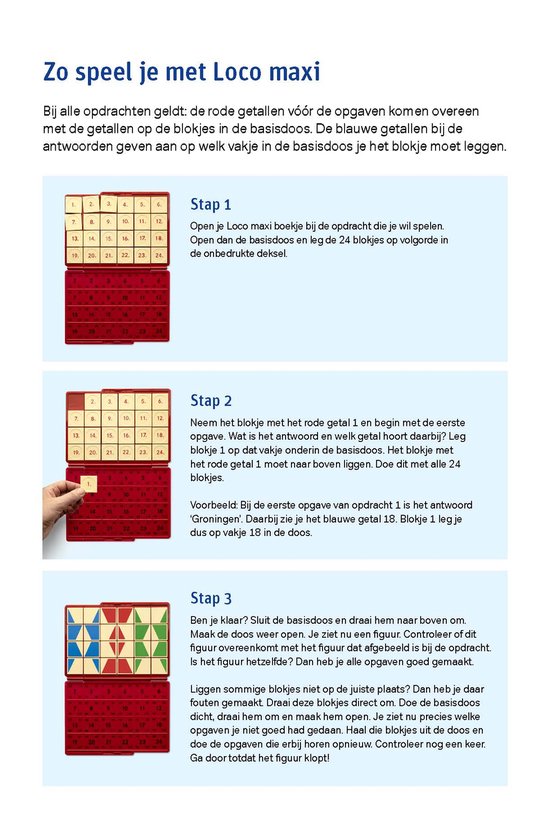Uitleg van Loco maxi topografie spel met rode en blauwe blokjes op een basis. Instructies met tekst.