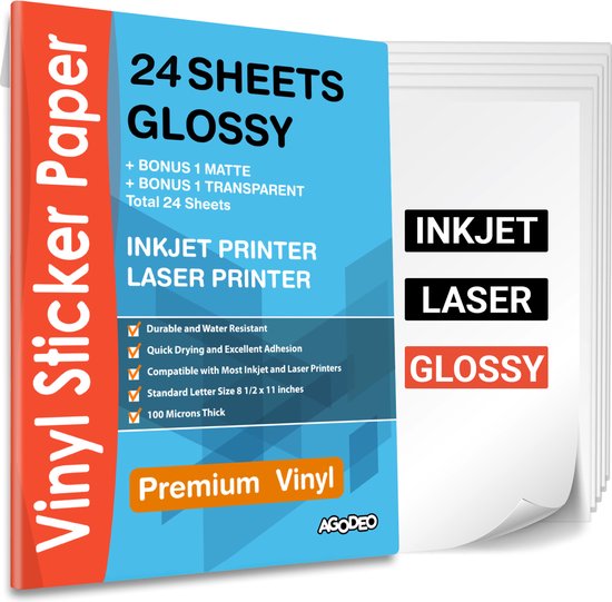 24 Glossy Vinyl Stickervellen A4 Printer Paper - Stickerpapier Voor Printer  - Incl. 2... | bol.com