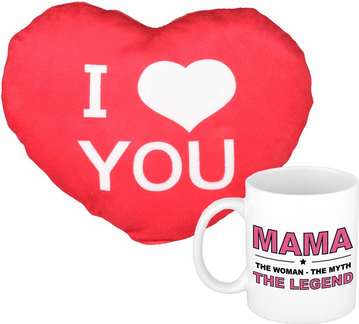 Mama the legend - mok/beker - 300 ml - wit - incl. sierkussentje hart vorm - 12 cm
