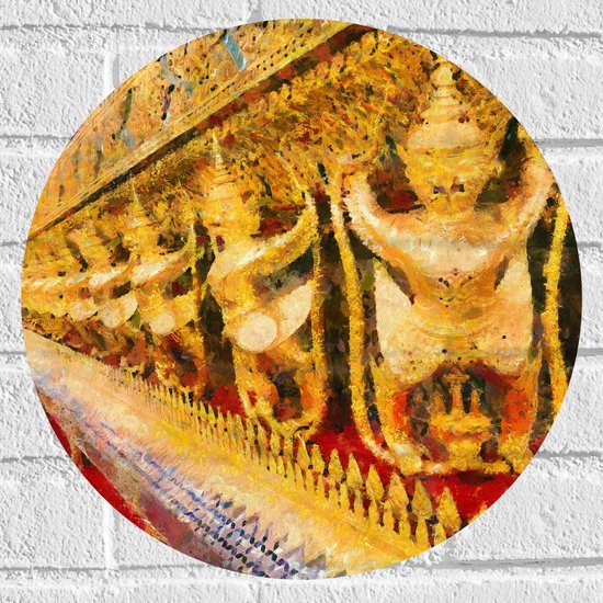 Muursticker Cirkel - Schilderij van Beelden in de Tempel van de Smaragdgroene Boeddha in Bangkok, Thailand - 40x40 cm Foto op Muursticker