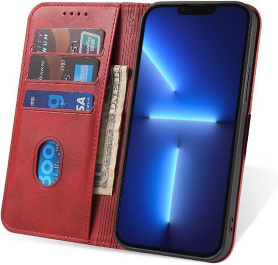 Smartphonica iPhone 13 Pro kunstleren hoesje met magnetische sluiting en pashouders book case - Rood / Kunstleer / Book Case geschikt voor Apple iPhone 13 Pro