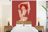 Behang - Fotobehang Vrouw - Rood - Abstract - Portret - Breedte 195 cm x hoogte 260 cm - Behangpapier