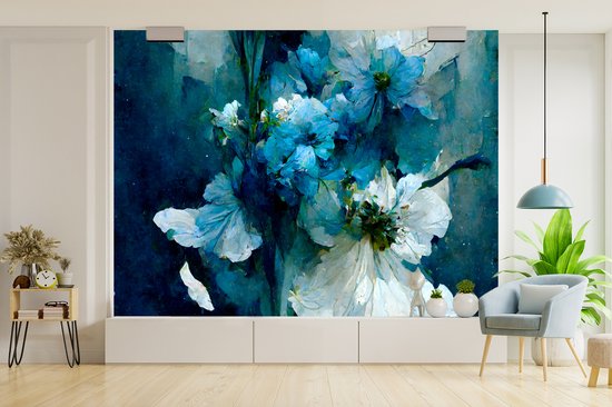 Bloemen - Boeket - Verf - Blauw - Behangpapier