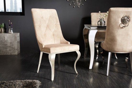 Elegante stoel MODERN BAROK champagne fluweel met zilveren leeuwenkop - 41506