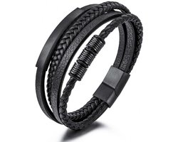 Armband Heren - Zwart Leer met Zwarte Accenten - Dubbel Gevlochten Leder - Leren Armbanden - Kerstcadeaus - Kerst Cadeautjes voor Hem