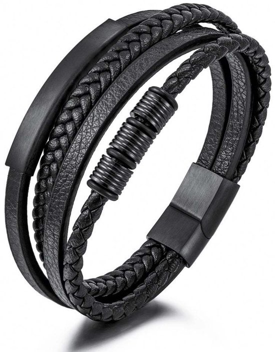 Armband Heren - Zwart Leer met Zwartee Accenten - Dubbel Gevlochten Leder - Leren Armbanden - Cadeau voor Man - Mannen Cadeautjes