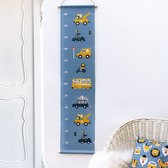 Groeimeter Dieren Onderweg jeans blauw 30cm x 130cm - groeimeter - babykameraccessoire - katoen - voertuigen - dieren - bus - takelwagen - krokodil - aap - baviaan - blauw - oker - jongenskamer - muurdecoratie - stokken - lederlook touwtje