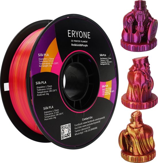 Eryone - Tripel silk - Red + Purple + Gold - PLA Filament - 1Kg 1,75mm - Voor 3D-printer en 3D-pen - Rood, Paars en Goud