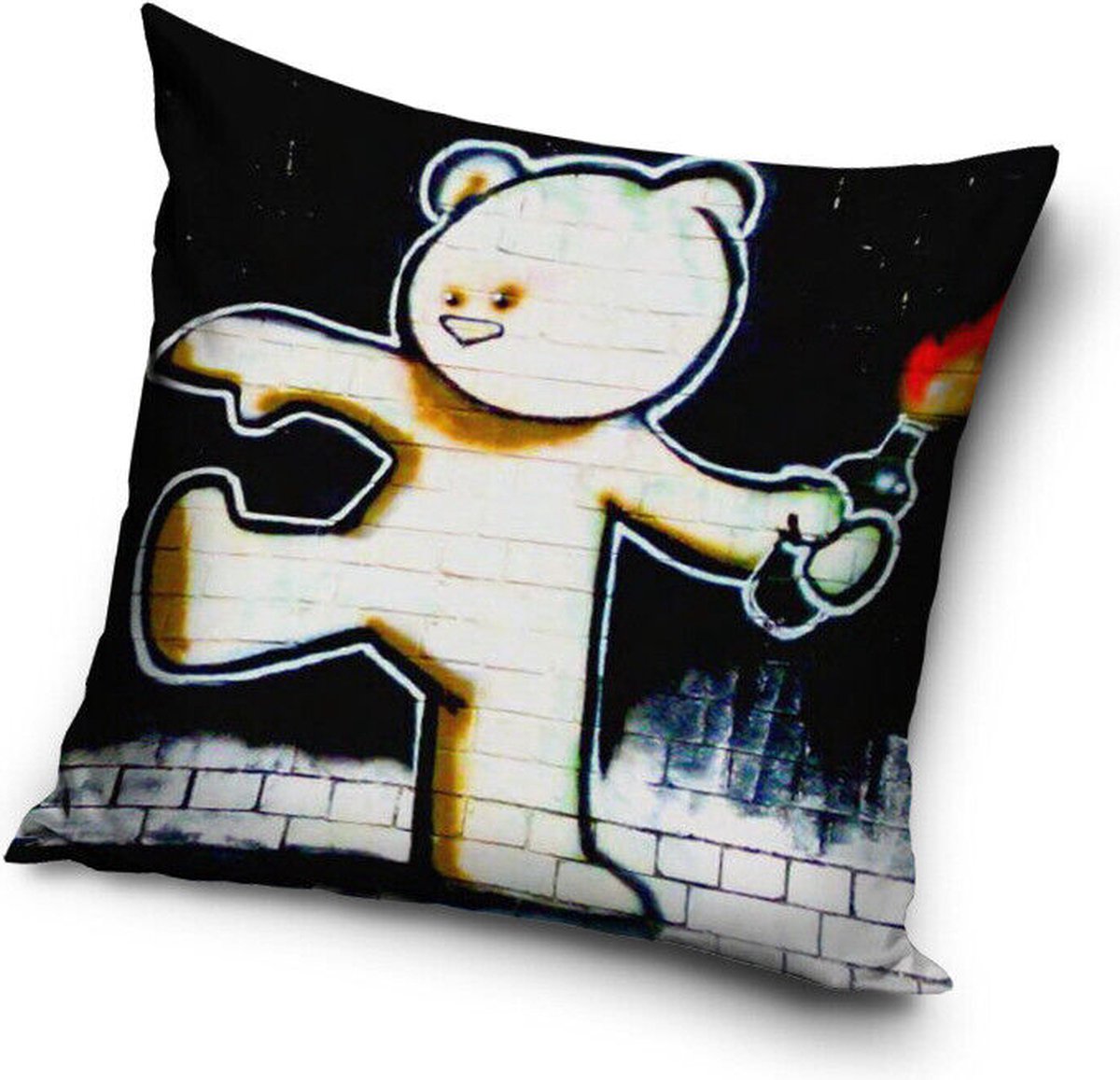 Sierkussenhoes - Bear with molotov - Banksky - Brandalised - 40x40 cm - Fleece - kunst.