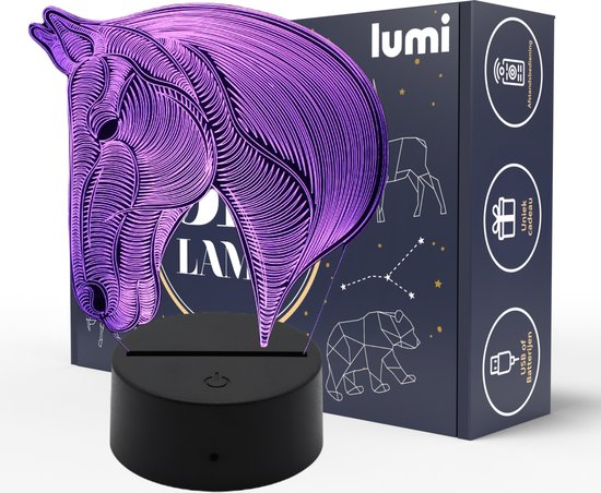 lumi Lampe 3D - 16 couleurs - Cheval - Animaux - Illusion LED - Lampe de bureau - Veilleuse - Lampe d'ambiance - Dimmable - USB ou Piles - Télécommande - Cadeau pour filles - Enfants