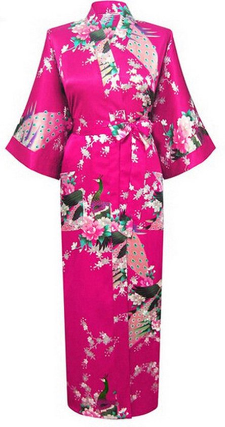 KIMU® Kimono Donkerroze 7/8e - Maat XS-S - Yukata Satijn Boven de Enkel - Lange Roze Ochtendjas Japanse Kamerjas Sexy Satijnen Badjas Geisha 152 158 Festival