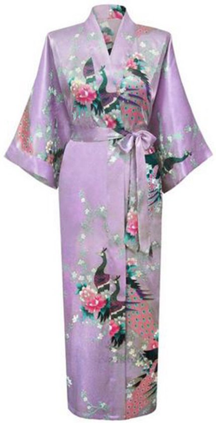 KIMU® Kimono Lila 3/4 - Maat S-M - Yukata Satijn Onder de Knie - Driekwarts Lichtpaars Ochtendjas Japanse Kamerjas Sexy Satijnen Badjas Geisha Pauwen Festival