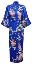 KIMU® Kimono Konings Blauw 3/4 - Maat S-M - Yukata Satijn Onder de Knie - Driekwarts Blauwe Ochtendjas Japanse Kamerjas Sexy Satijnen Badjas Geisha Festival