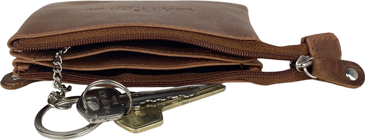Sleuteletui met rits – Cognac – Leer - Kleine Portemonnee Dames - Sleuteltasje - Portemonnee Heren - Lichtbruin