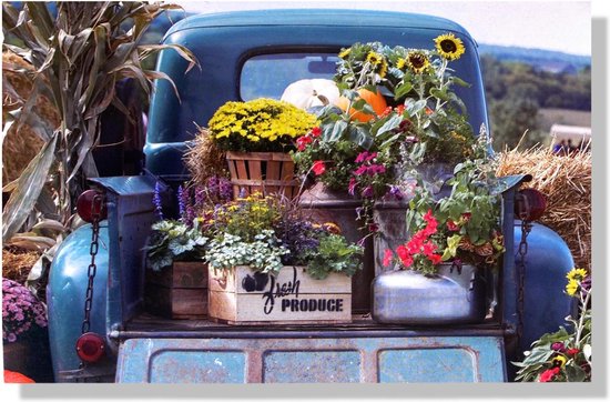 Blauwe pick-up truck met een lading bloemen, pompoenen en zonnebloemen.