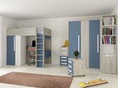 Mezzanine bed 90 x 200 cm met kleerkast en bureau - Blauw en wit + matras - NICOLAS L 205.2 cm x H 183.1 cm x D 110 cm