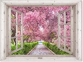 Tuinposter doorkijk sakura - Wit raam - Tuindecoratie roze bloemen - 160x120 cm - Tuinschilderij voor buiten - Tuindoek bloesemboom - Wanddecoratie tuin - Schuttingdoek - Balkon decoratie - Tuinversiering buitenposter - Muurdecoratie