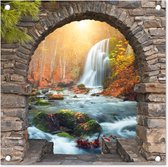 Tuinposter doorkijk poort - Waterval - Herfst - Zon - Natuur - Poort - Schutting decoratie - Tuinschilderij voor buiten - Schuttingdoek - 50x50 cm - Tuindoek - Tuindecoratie - Tuin