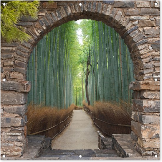 Tuinposter doorkijk - Bamboe - Bos - Pad - Japan - Poort - Tuinbanner - 100x100 cm - Tuindoek - Schuttingposter